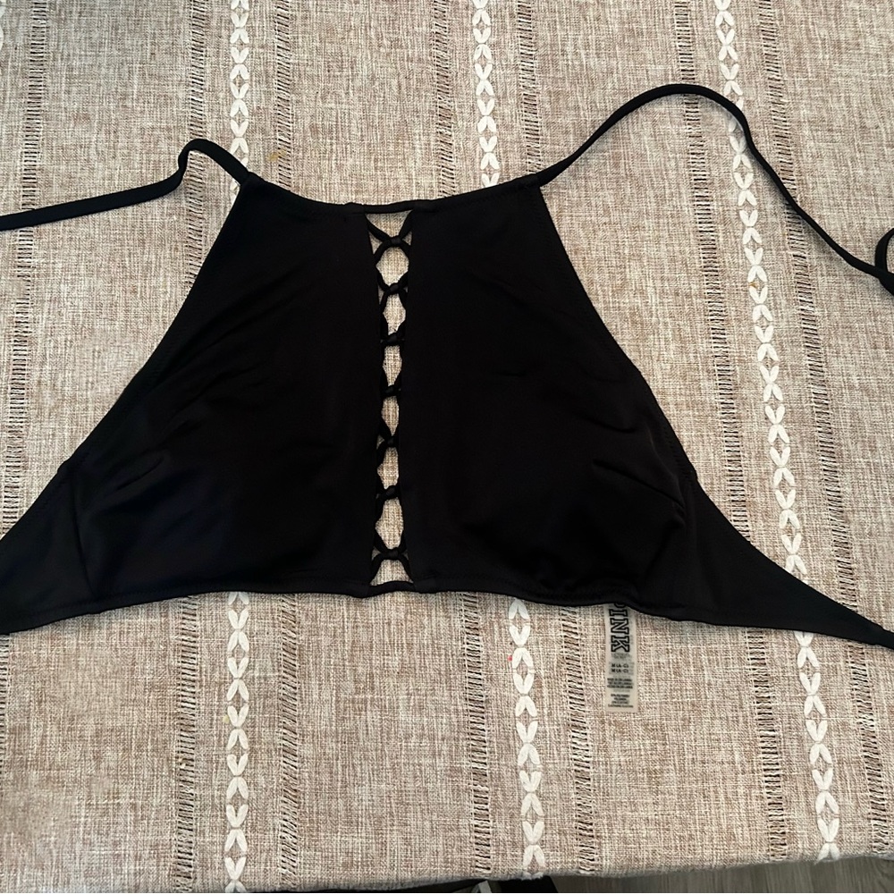 PINK Victoria's Secret Black Lace-Up Swim Top